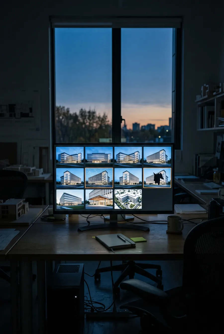 Render della notte in revisione, all’alba nello studio